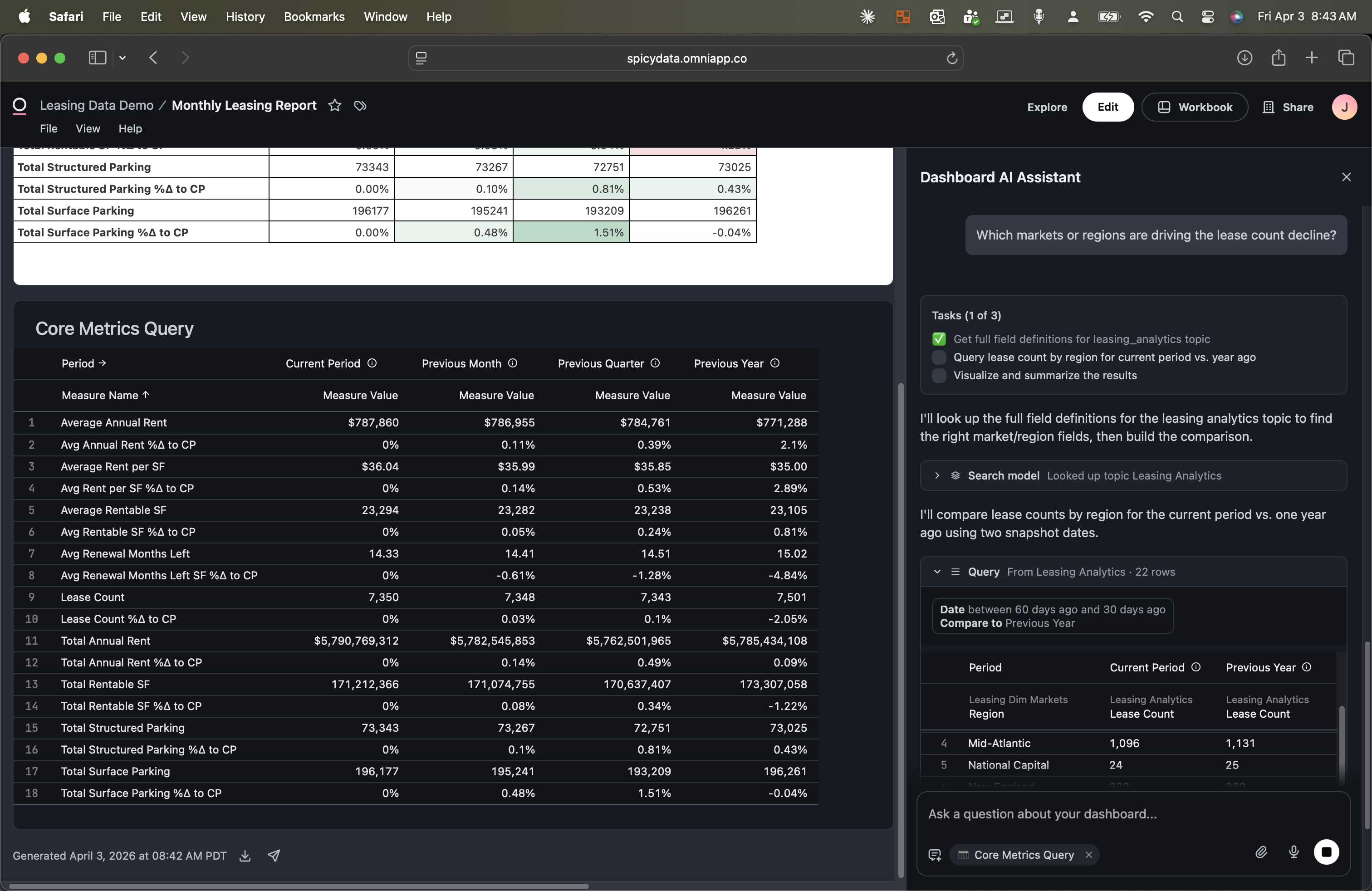 AI Assistant building a regional drill-down query, showing task progress as it looks up field definitions, queries lease counts by region, and begins visualizing results