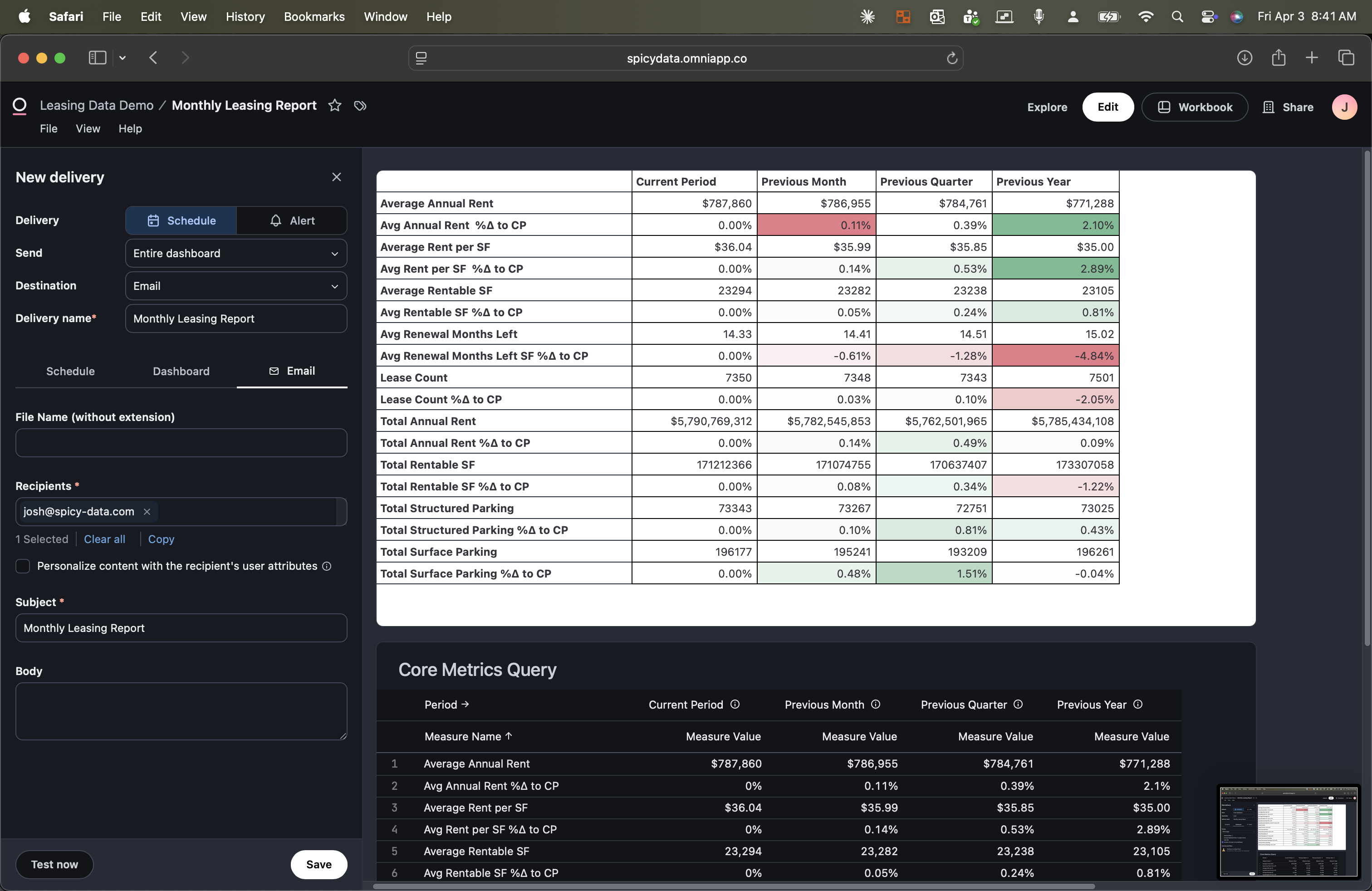 Email delivery configuration showing recipient list, subject line, and file attachment options for the Monthly Leasing Report