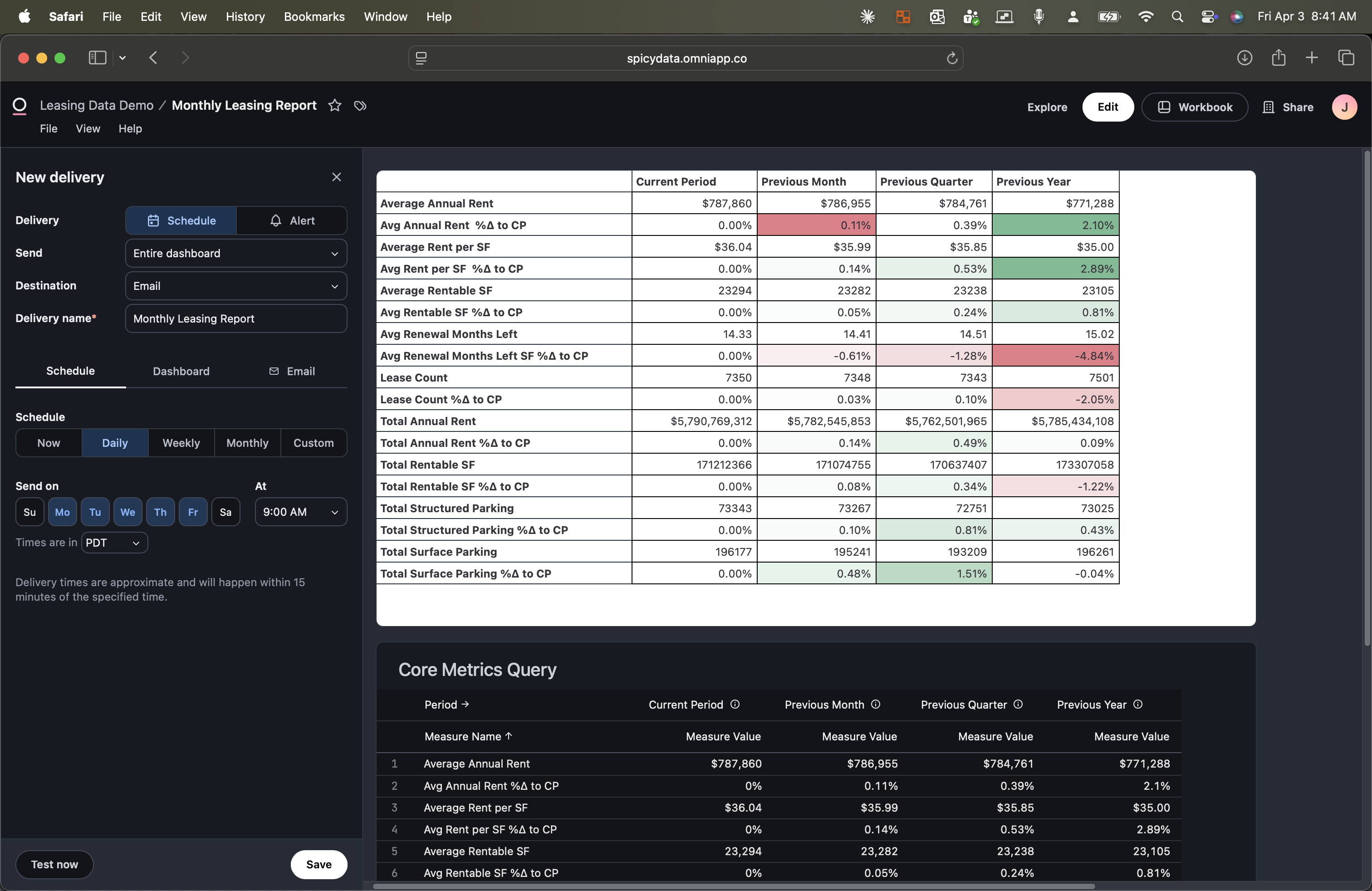 Omni delivery scheduling dialog showing daily cadence options, weekday selection, and send time configuration